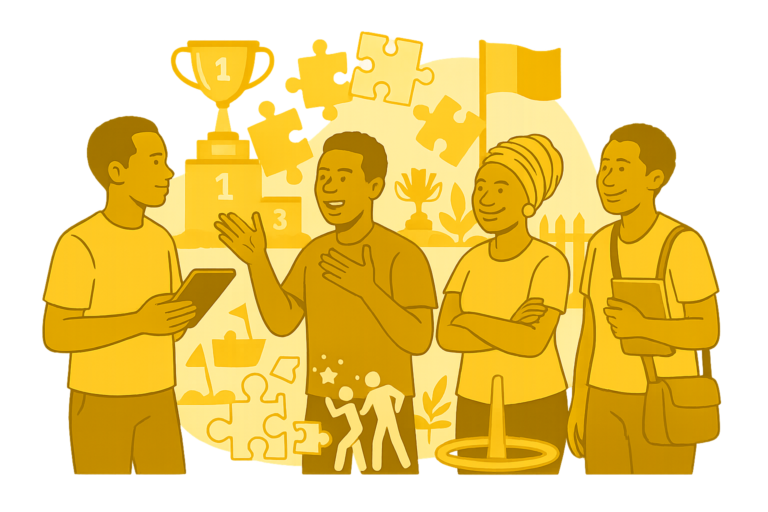 Illustration représentant une scène de team building au Sénégal : des collègues échangent, coopèrent et participent à des activités ludiques symbolisées par des trophées, des puzzles et des drapeaux.