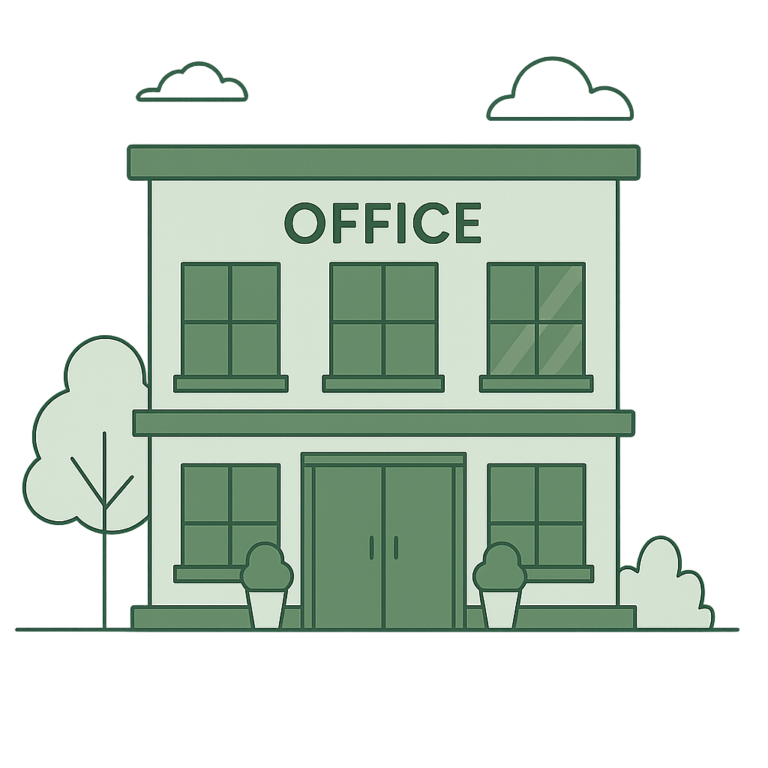 Illustration verte d’un bâtiment de bureaux symbolisant une entreprise, entouré d’arbres et d’éléments végétaux.