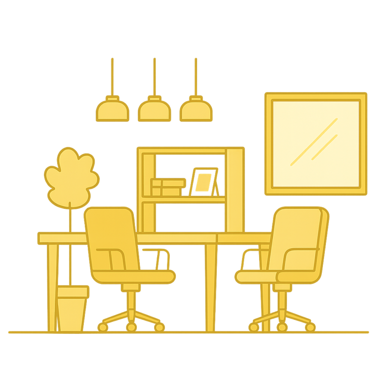 Illustration jaune d’un espace coworking ou salle de réunion aménagée, avec fauteuils, plantes et éclairage suspendu.