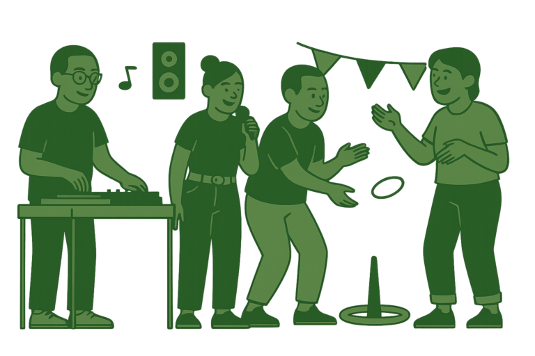 Illustration d’un événement d’entreprise animé : un DJ, des jeux ludiques, du chant et de la convivialité, dans une ambiance festive et détendue.