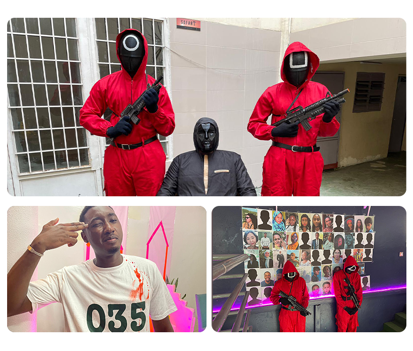 Participants en tenue inspirée de la série Squid Game lors d’un team building organisé par Kaff Coffee au Sénégal, dans une ambiance immersive et ludique.
