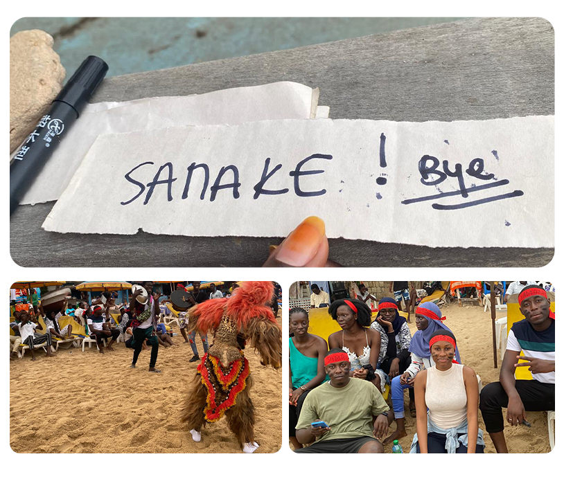 Photos d’un team building inspiré de Koh Lanta sur une plage au Sénégal : participants avec des bandeaux rouges, totem, ambiance festive et élimination symbolique d’un joueur.