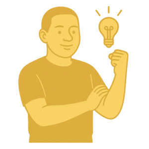 Illustration d’un collaborateur confiant avec une ampoule au-dessus du bras, symbole de leadership positif après un coaching d’équipe au Sénégal.
